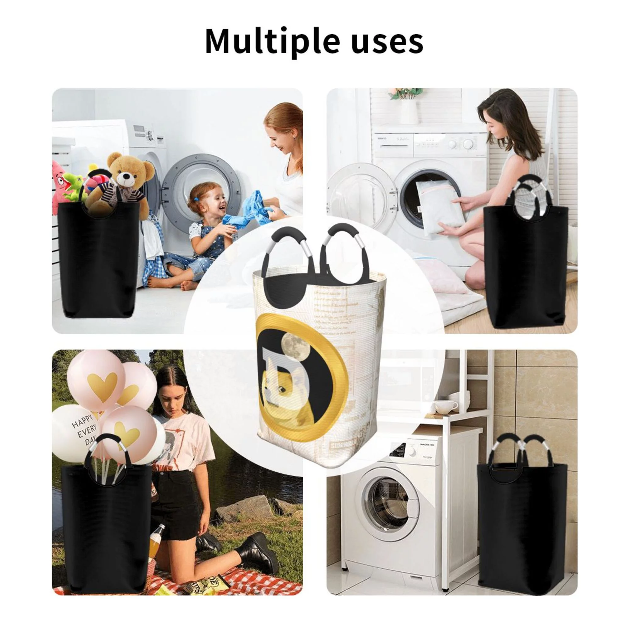 TEQUAN 50L Large Rectangular Laundry Hamper with Aluminum Handles, Cryptocurrency Doge Coin Prints Waterproof Foldable Dirty Clothes Basket