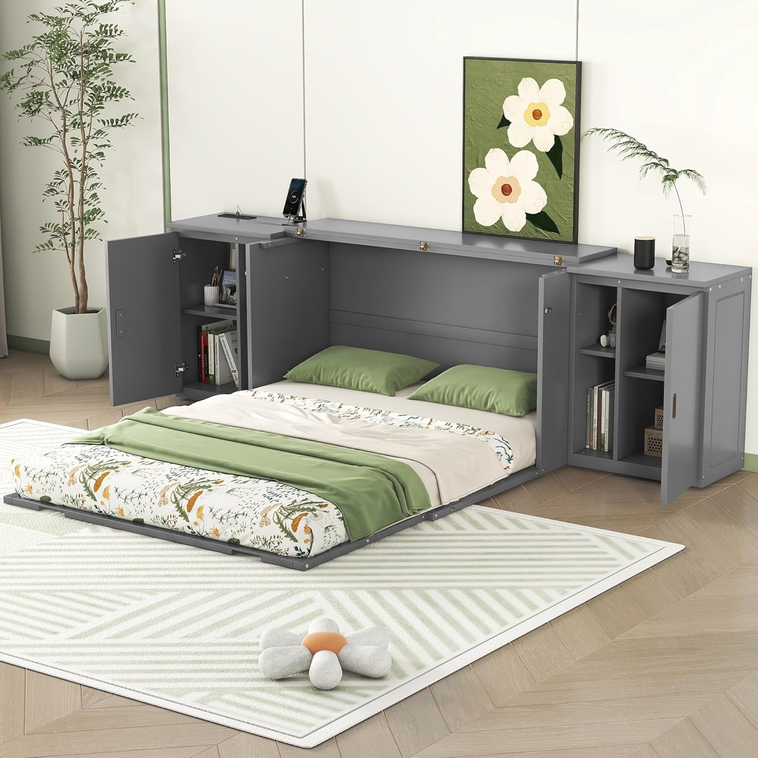 Murphy Bed Queen Size with Shelves and Cabinets,Murphy Wall Bed Queen with USB Ports,Queen Murphy Bed Cabinet for Kids,Boys,Girls,Adults,Bedrooms, Children's Rooms, Space Saving,Gray