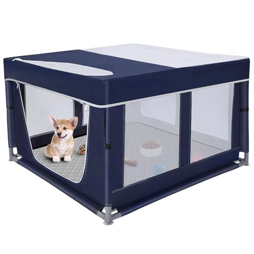 Puppy Playpen Indoor for Small Pets, 42x42x25 Inch, Dog Play Pen with Gate, Portable Oxford Fabric Pet Exercise Pen, Anti-Tipping Enclosure with Zipper Door