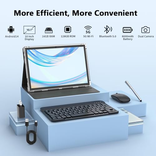 Android Tablet with Keyboard, 10 inch Android 14 Tablets, 16GB RAM 128GB ROM,1TB Expand, 5G WiFi, Bluetooth, 8000mAh Battery, GMS Certified, 2 in 1 Tablet with Keyboard, Mouse, Case, Stylus(Black)