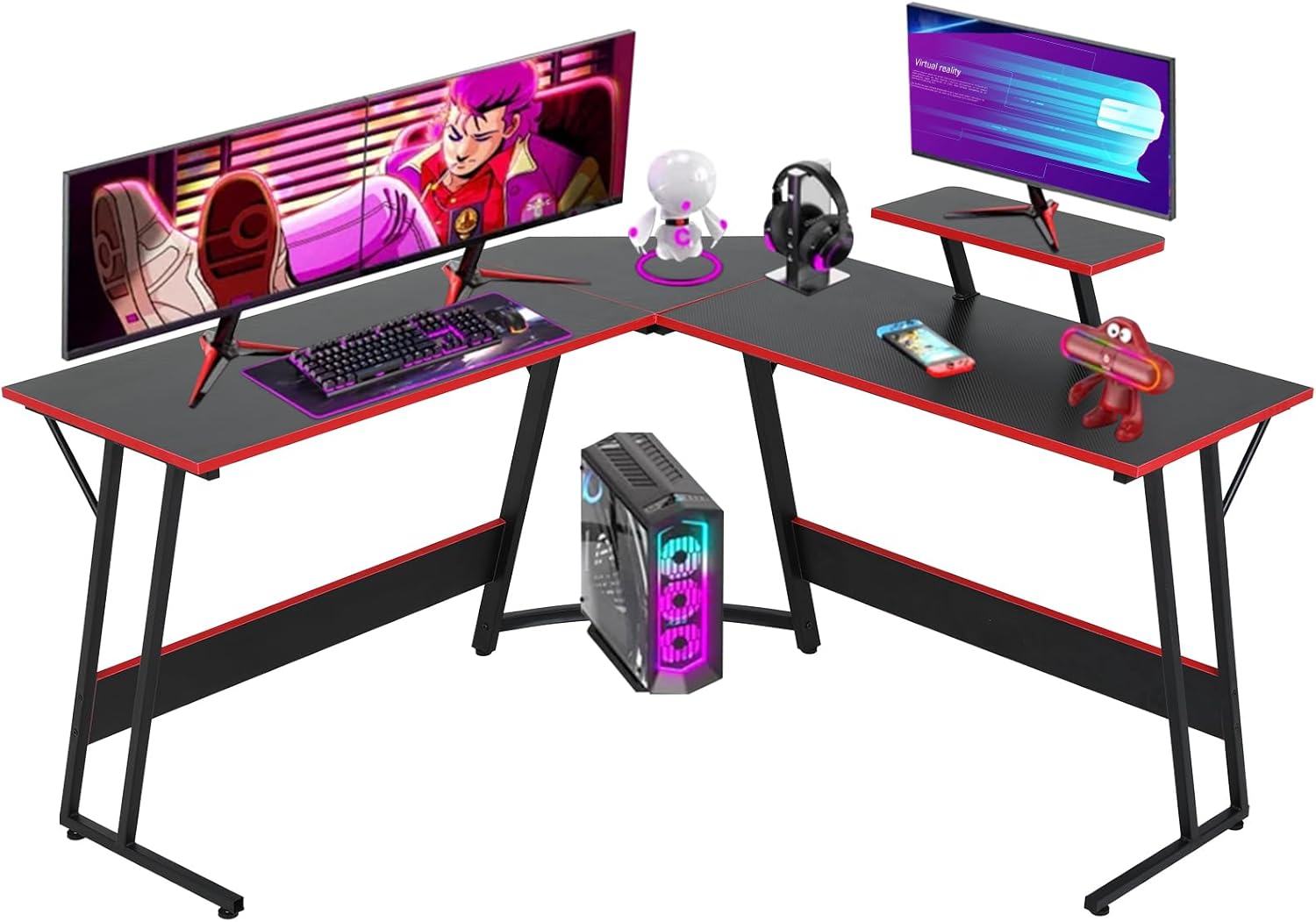 L Shaped Desk 50.4 Inch Corner Desk Gaming Desk Computer Desk with Large Desktop,Monitor Stand,Foot Peg Gaming Table Computer Table Space Saving Easy Assembly for Home,Office,Work,Gaming,Black