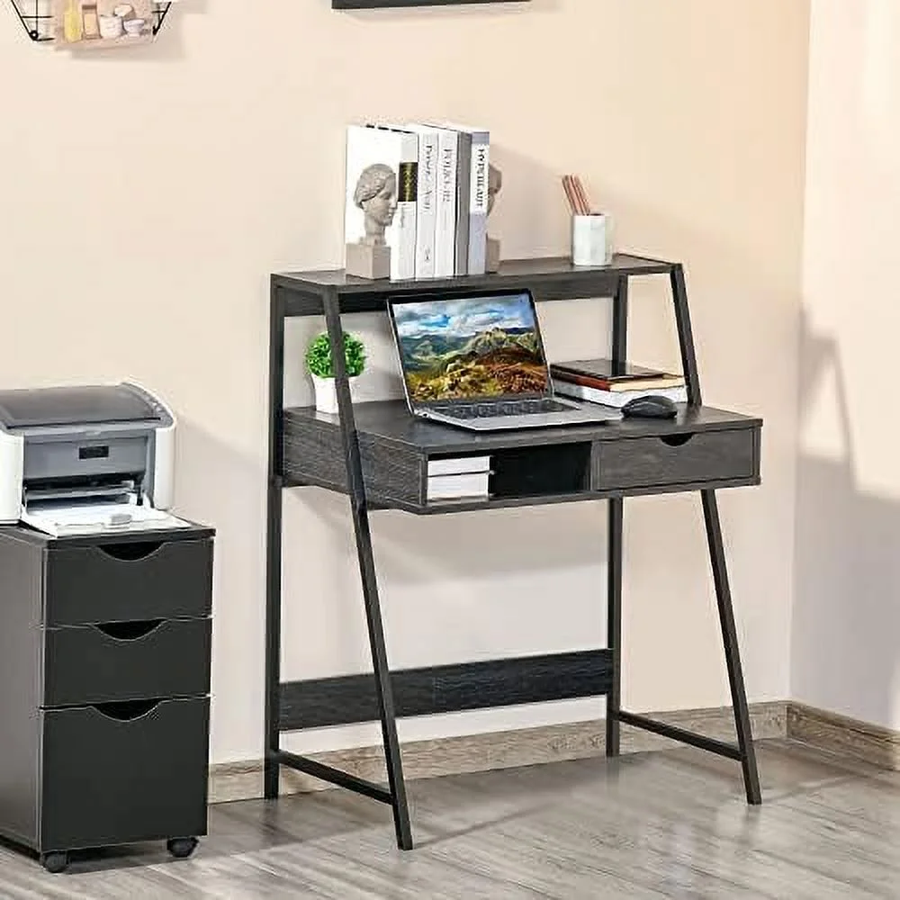 HJZBNONE Home Office Desk  Computer Desk for Small Spaces  Writing Table with Drawer and  Shelves  Grey