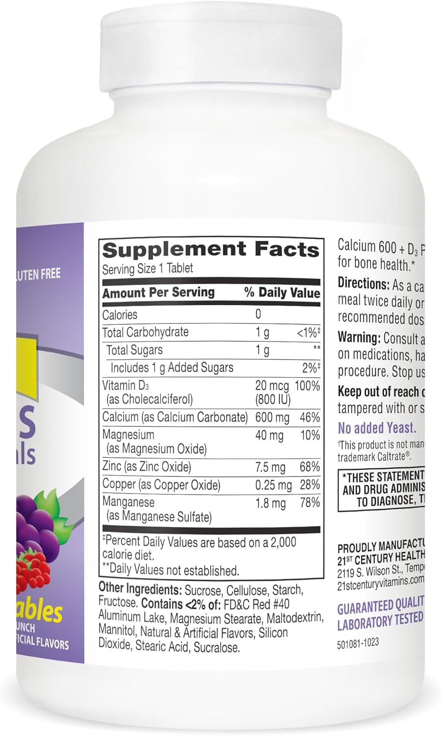 21st Century Calcium 600 mg +D Plus Minerals Chewable Tablets, 75 Count