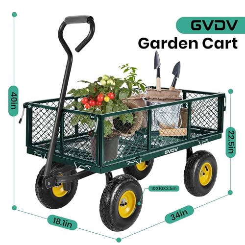 GVDV 660LB Garden Cart with Liner, Heavy Duty Steel Garden Wagon, Folding Utility Wagon with Removable Sides and 10