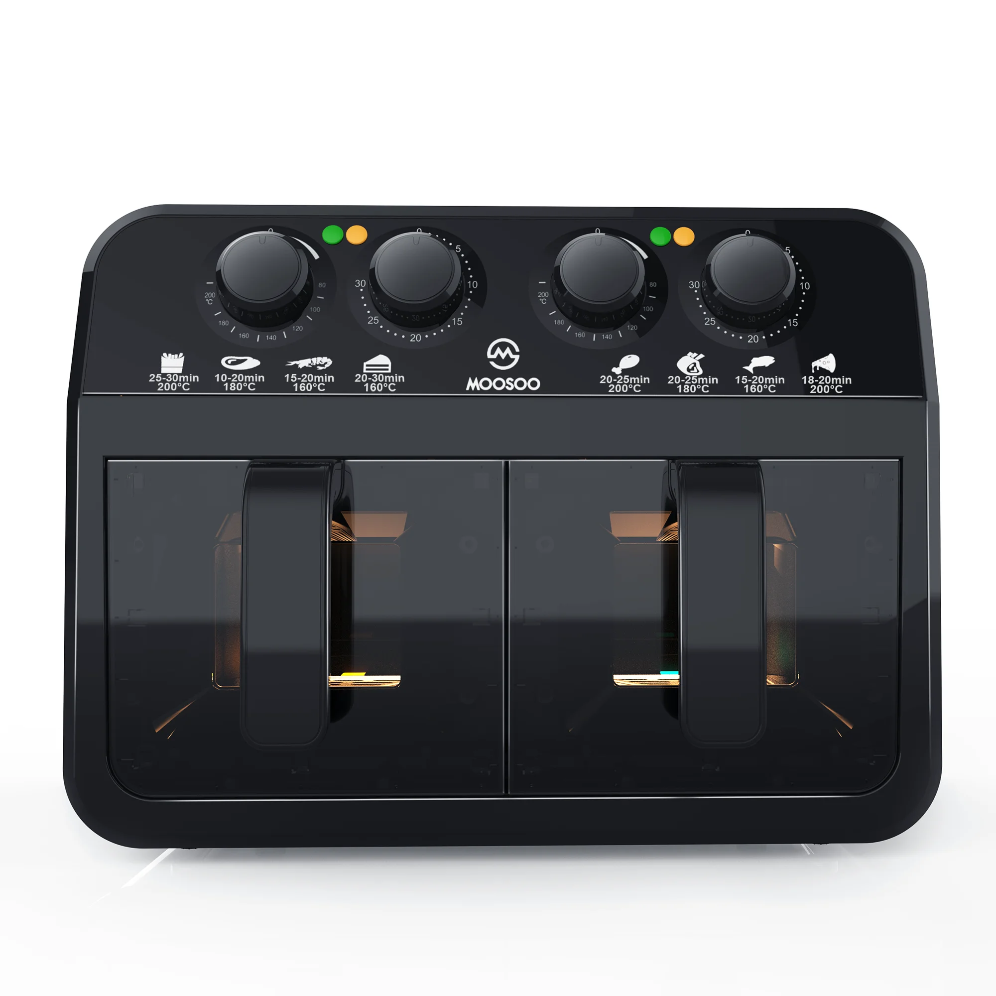 MOOSOO Dual Basket Air Fryer Oven, 2 Independent Baskets, 6.4 Quart, Knob Control, Dehydrator & Bake