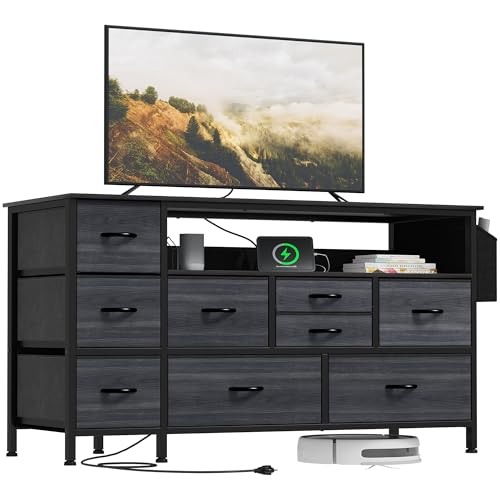 YITAHOME TV Stand with Charging Station - 9 Drawer Dresser for 55'' TV, Black Stand with Side Pockets, Fabric for Living Room, Entryway