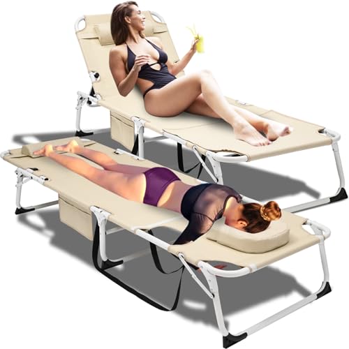 ABORON 4-in-1 Patio Lounge Chair & Sun Tanning Bed, Folding Heavy Duty Chaise with 500LB Load Capacity, Adjustable Portable Chair for Home, Garden, Beach, Office, Camping & Sunbathing