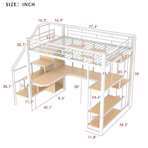 Full Size Loft Bed with L-Shaped Desk, Wardrobe and Adjustable Shelf, Metal High Loft Bed Frame with USB Charging Ports, LED Light Strip and Storage Stairs for Kids Teens Adults (Black-12, Full)