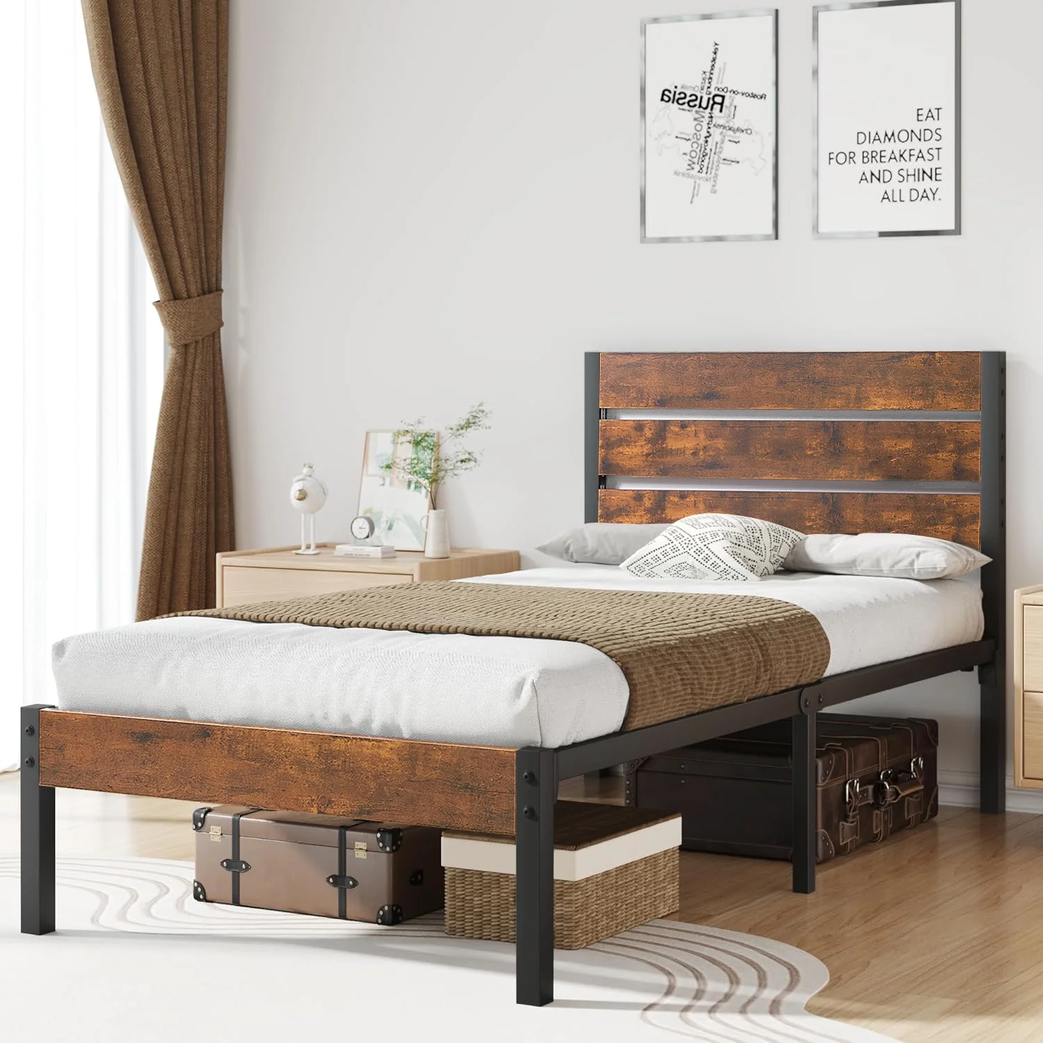 VECELO Twin Bed Frame with Wooden Headboard, Rustic Industrial Platform Bed and Strong Metal Slats, No Box Spring Needed, Brown