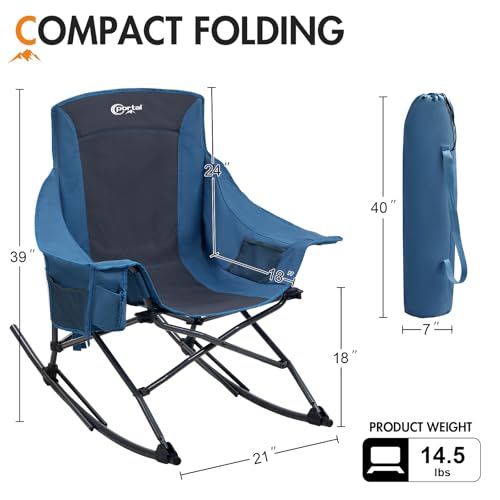 Portal Outdoor Rocking Chair Camping Folding Portable Rocker with Cup Holder Side Pocket Carry Bag, Support 350LBS