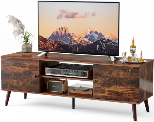 DUMOS TV Stand for 55 60 inch TV, Entertainment Center with Storage Cabinet, Mid Century Modern Media Console Table, Adjustable Hinge, Wooden Television Furniture for Living Room, Office