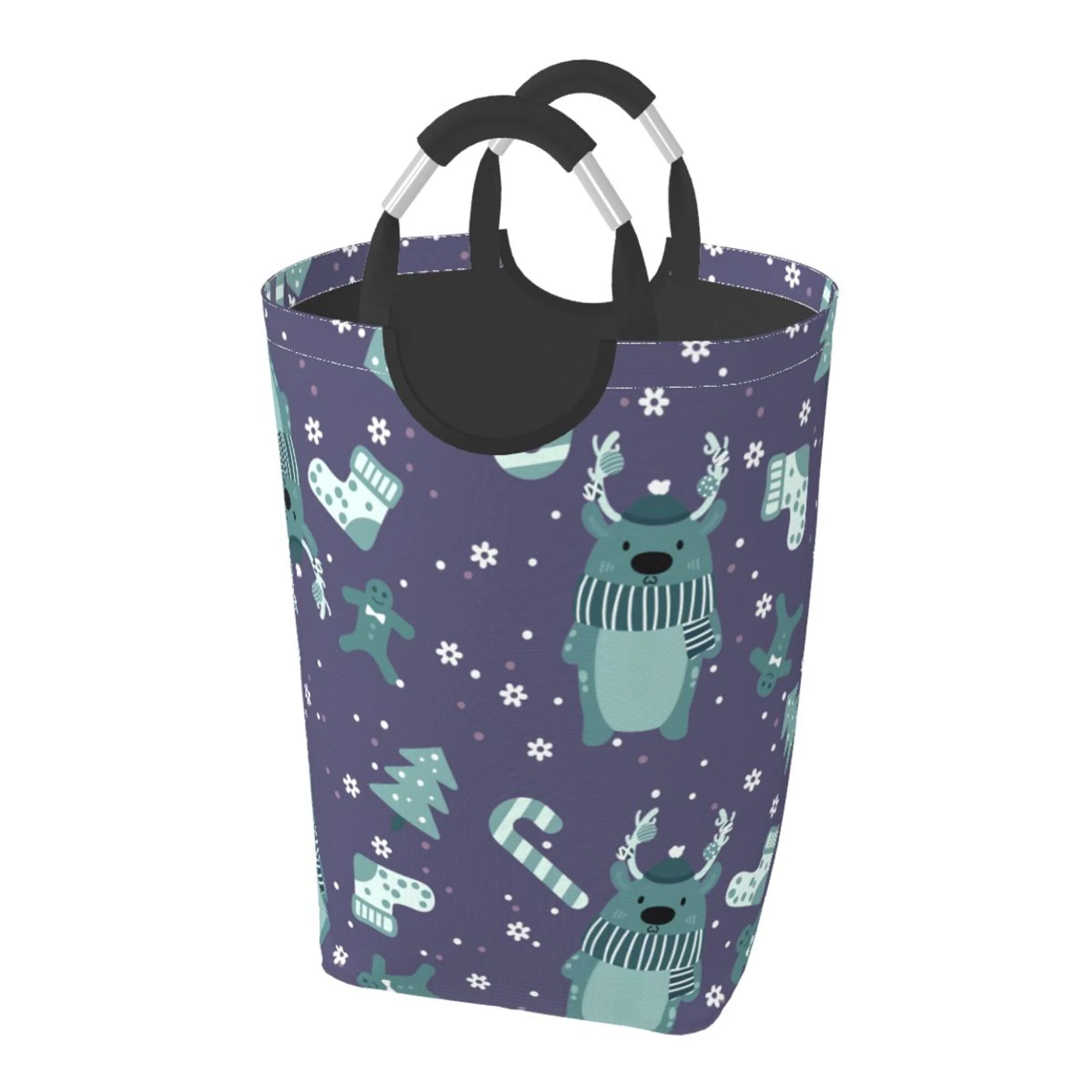 TEQUAN 50L Large Rectangular Laundry Hamper with Aluminum Handles, Christmas Deer Snowflake Prints Waterproof Foldable Dirty Clothes Basket