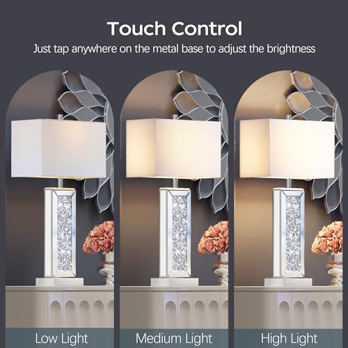 Modern Table Lamp Set of 2 Touch Control, Silver Mirror Big Diamond Crystal Bedside Lamp with USB C+A Ports, 3-Way Dimmable Mirrored Nightstand Lamps White Fabric Shade for Living Room Bedroom