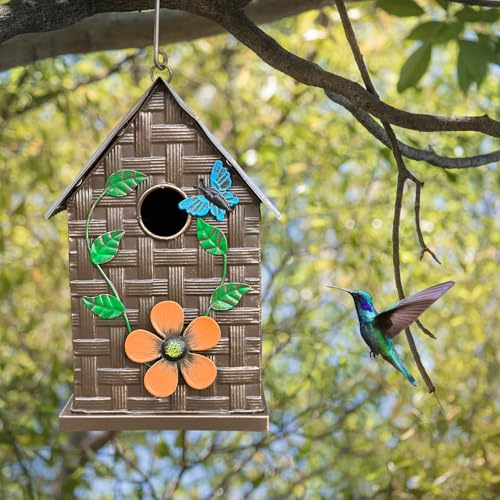 Metal Bird Houses for Outside Hanging,Colorful Decorative Garden Hand-Painted Birdhouses for Outdoors,Gift for Bluebird Wren Chickadee Cardinals Swallow,Gold