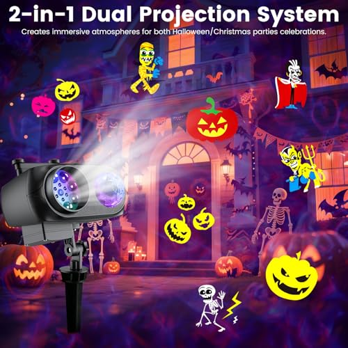 Halloween Christmas Projector Lights Outdoor，LED Projector Lights,2-in-1 Dual Projection System with 10 Slides，15W Brighter HD Ocean Wave Effect,Waterproof for Indoor/Outdoor Decor, Home Party.
