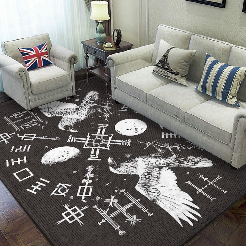Viking Rugs for Living Room, Scandinavian Symbol Carpet with Mythology Nordic Design for Living Rooms, Bedrooms Home Office Indoor Decoration, Customize Size 3x5, 4x6, 5x8 ft (Raven viking)