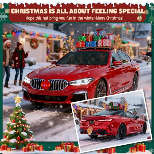 Christmas Car Decoration with Colorful LED Car Kit - 17 Inch Reindeer Antlers with Ears, Red Nose, and Tail - Exterior Accessories for Cars, Trucks, Jeeps, SUVs