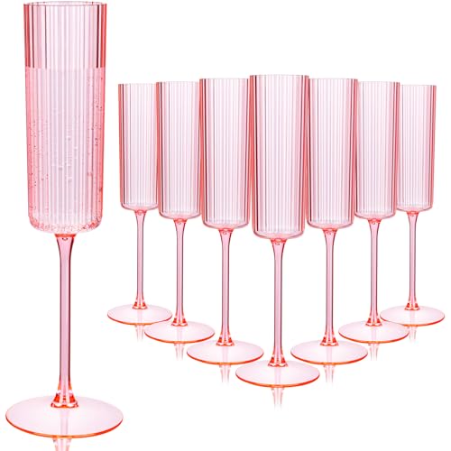 36 Pack Pink Plastic Champagne Flutes - 6oz Ribbed Disposable Champagne Glasses - Clear Pink Vintage Mimosa Glasses with Long Stem Elegant & Lightweight for Wedding Party
