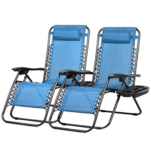 Nazhura Set of 2 Relaxing Recliners Patio Chairs Adjustable Steel Mesh Zero Gravity Lounge Chair Beach Chairs with Pillow and Cup Holder (Dark Green)