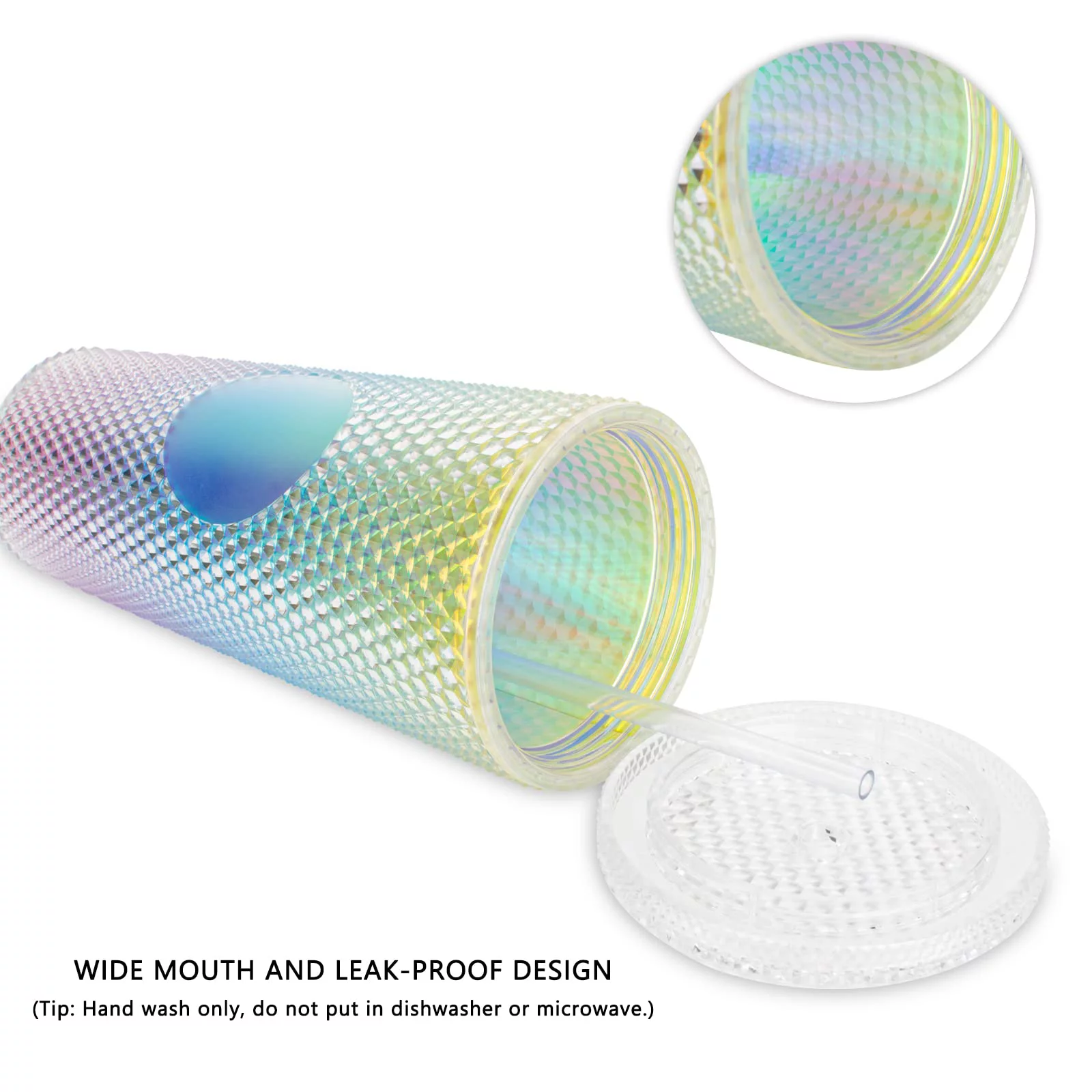 IMMEKEY Studded Tumbler with Straw, Double Walled Iridescent Travel Tumbler/Straw Cup BPA Free, 24oz Capacity (Clear Red)