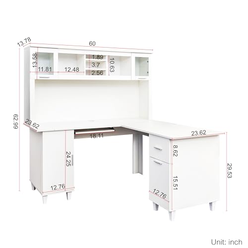 White Corner Desk L Shaped Computer Desk with Drawers and Shelves, Wooden Writing Desk with Cabinets for Home Office Study, White