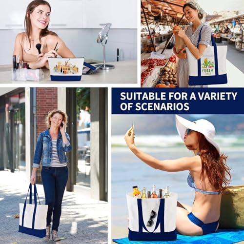 16 Pack Canvas Tote Bags Bulk and Makeup Pouches Set, 12oz Cotton Reusable Zippered Grocery Bags with Handles, DIY Sublimation, Halloween Craft, Beach & Travel with External Pocket (Women & Men)