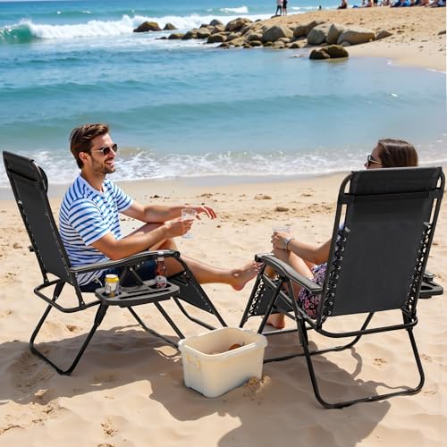 Greesum Zero Gravity Chairs Set of 2 Adjustable Steel Mesh Recliners Beach Deck Lawn Camping Patio Foldable Lounge Chair with Cup Holder Trays and Pillows,Brown