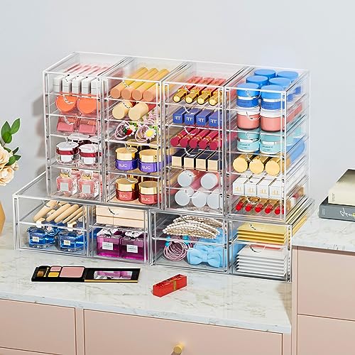 Makeup Organizer Storage With 16 Drawers, 4 Pcs Desktop Office Supplies, Desk Organizers, Clear Accessories, Dustproof Drawer and for Make Up, Jewelry, Pen, Stationary