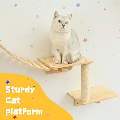 Cat Wall Shelves 9pc, Wall Mounted Cat Climbing Shelves, Wooden Cat Furniture with 2 Condo Houses, 3 Perches, 2 Bridge Ladders and 2 Scratching Posts