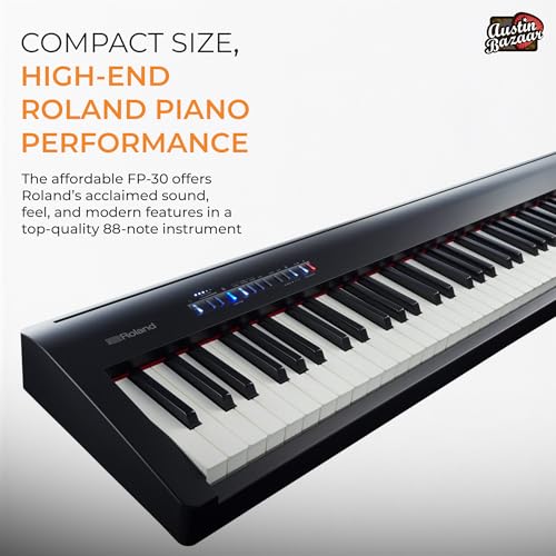 Roland FP-30X 88-Key Digital Piano - Black Bundle with Adjustable Stand, Bench, Sustain Pedal, Online Piano Lessons, Instructional DVD, and Austin Bazaar Polishing Cloth