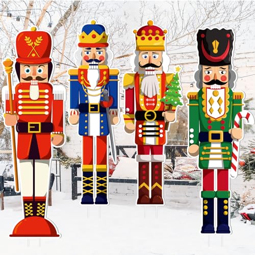 Geetery 4 Pcs Large Nutcracker Yard Sign with 16 Stakes Christmas Yard Decorations Outdoor Holiday Nutcracker Cute Xmas Outside Lawn Decor for Garden Pathway Party(Red)