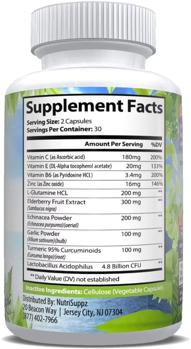 NutriSuppz Immune Support Elderberry Capsules - 1000mg Extract with Vitamin C and Turmeric - Boost Your Immune System and Stay Healthy