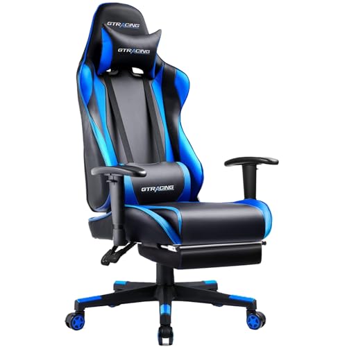 GTRACING Gaming Chair with Footrest, Ergonomic Computer Game Desk Chair, Reclining Game Chair Seat Height Adjustment, Swivel Rocker with Headrest and Lumbar (Blue)
