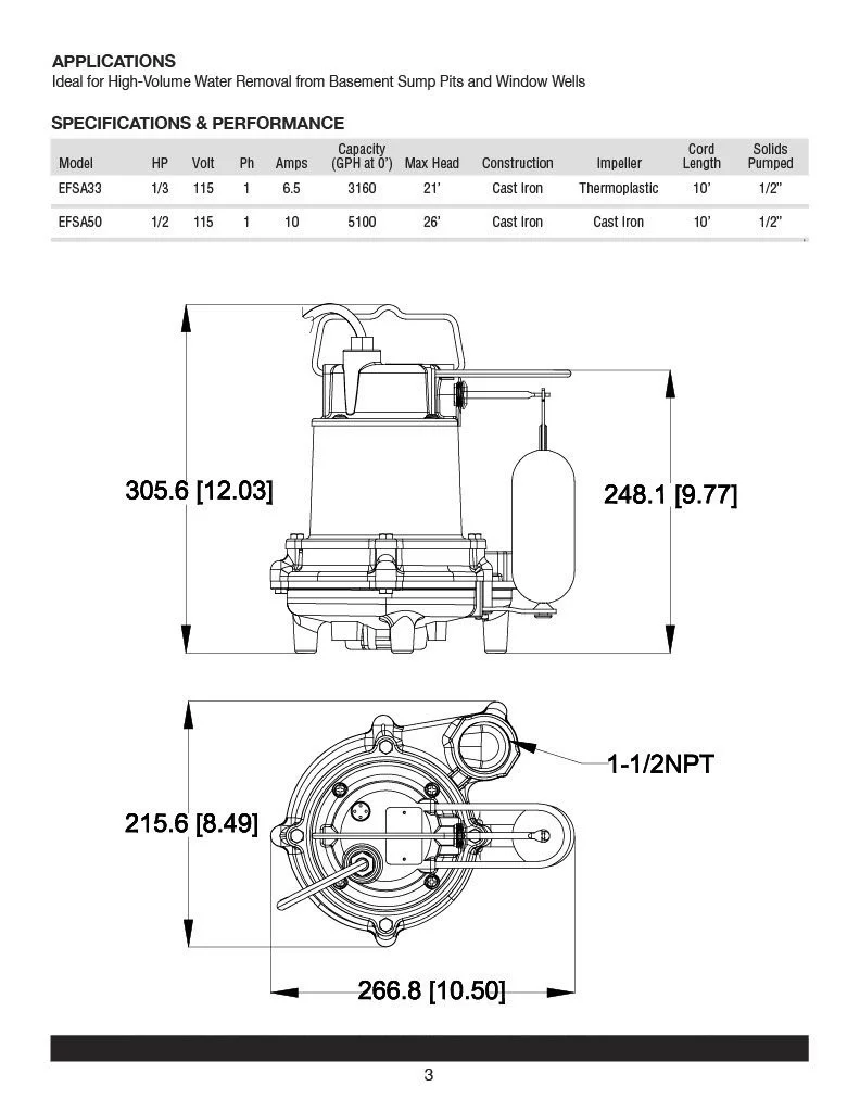 Eco Flo EFSA33 1/3 HP Cast Iron Sump Pump