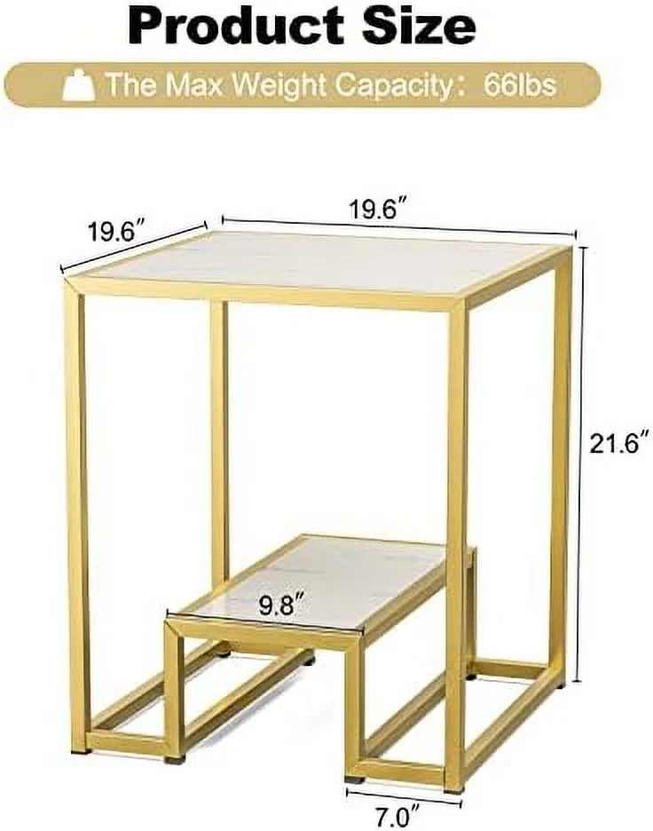 High Gloss Gold Nesting End Table  2-Tier Faux Marble Sofa Side Table with Shelf  Metal Frame Bedside Table for Living Room  Bedroom  Office(White)