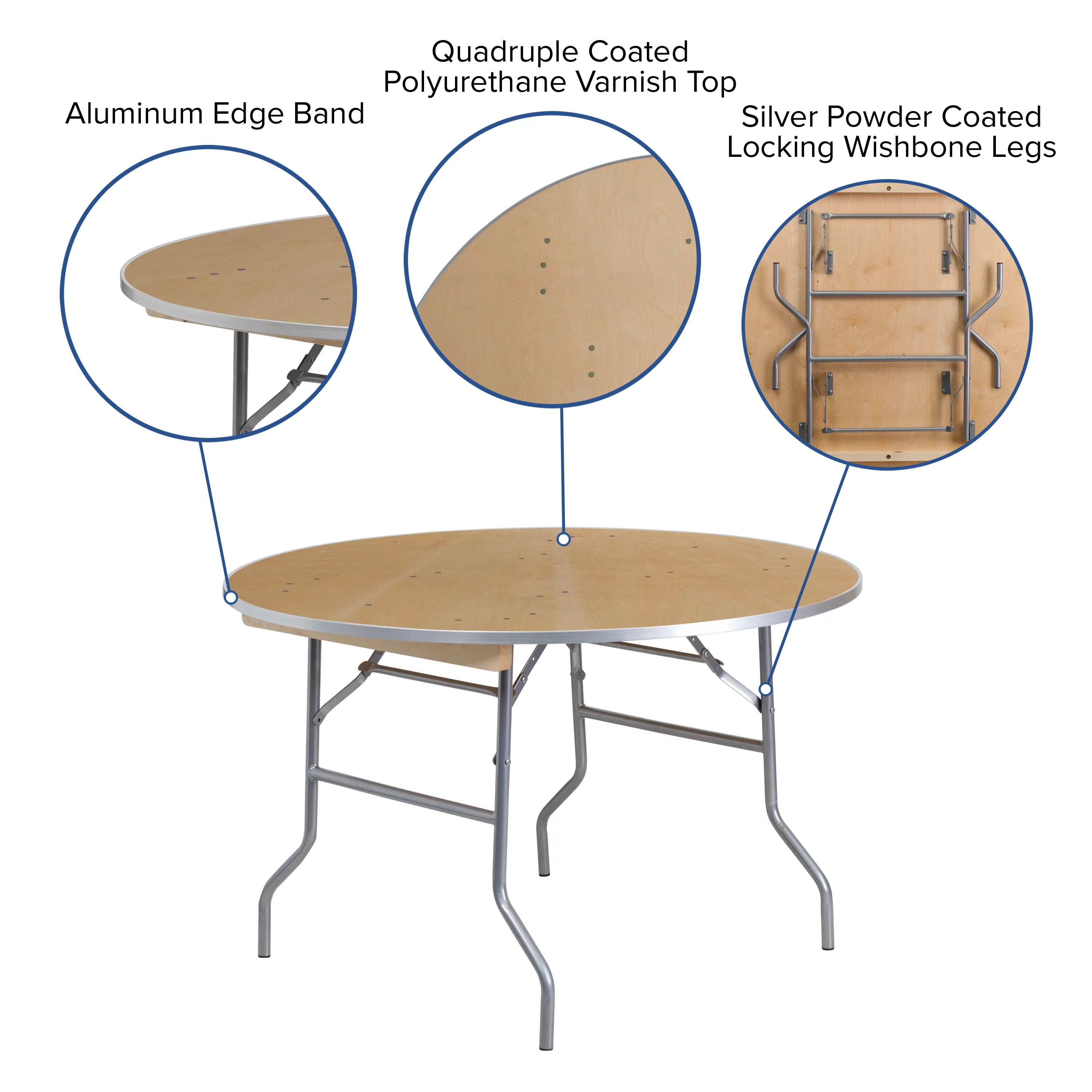 Emma + Oliver 4-Foot Round HEAVY DUTY Birchwood Folding Banquet Table with METAL Edges