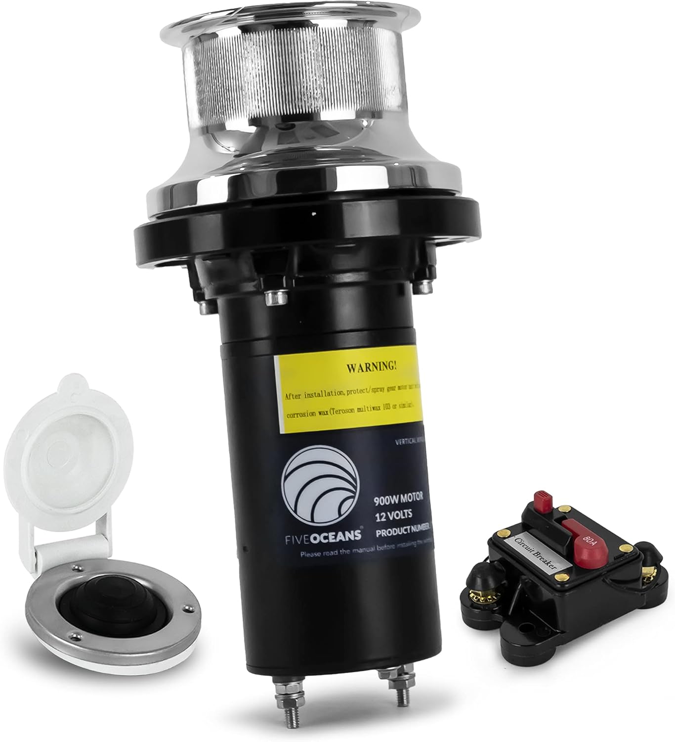 Five Oceans Arctic Capstan 900 Watts Powerful Vertical Mounted Winch AISI316 Stainless Steel, Marine Grade Aluminunm Base Plate, Easy Installation 12 Volts, Ideal for Mid Size Boats Mooring FO-3716