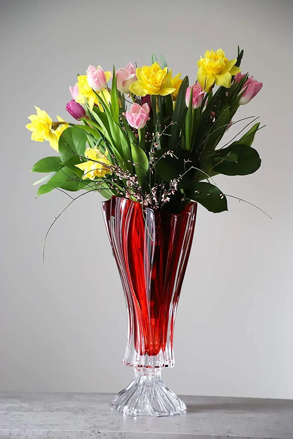 Bohemian Crystal Glass Footed Vase 16''-Height Red ''Plantica'' Vintage European Design Centerpiece Flower Vase Home Decor Wedding Birthday Housewarming