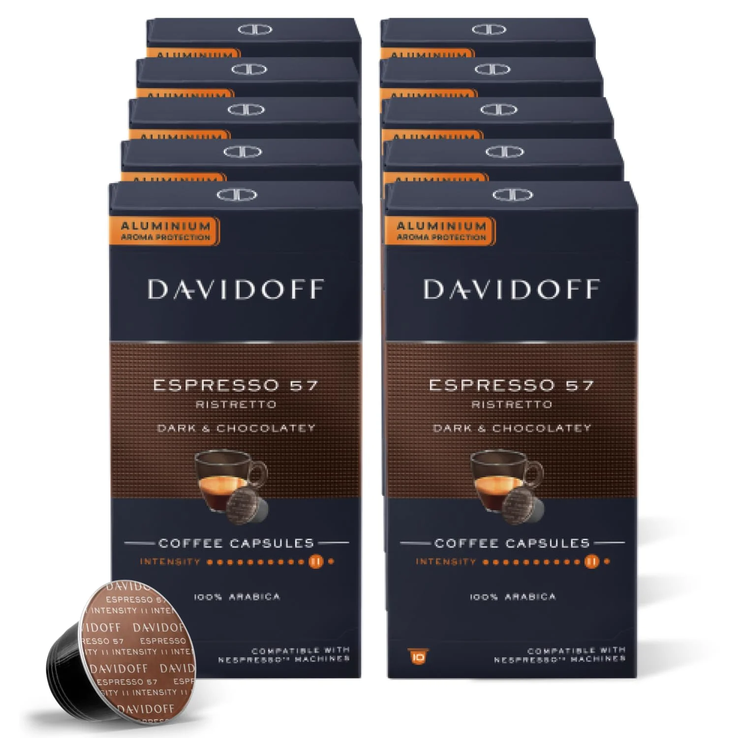 DAVIDOFF Espresso 57 Coffee Capsules. Nespresso Machine Compatible - Dark and Chocolatey - 100% Arabica Beans - 11/12 Intensity. 12/12 Roasting. 2/12 Acidity - 10 x 10 Capsules - 1.94 oz
