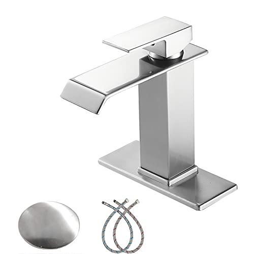 White Gold Faucet Bathroom Vessel Sink Golden Waterfall Spout Faucet Single Handle Bowl Sink Faucet Modern Single Hole Basin Vanity Tall Bathroom Sink Faucet with Pop Up Drain Stopper Supply Hose