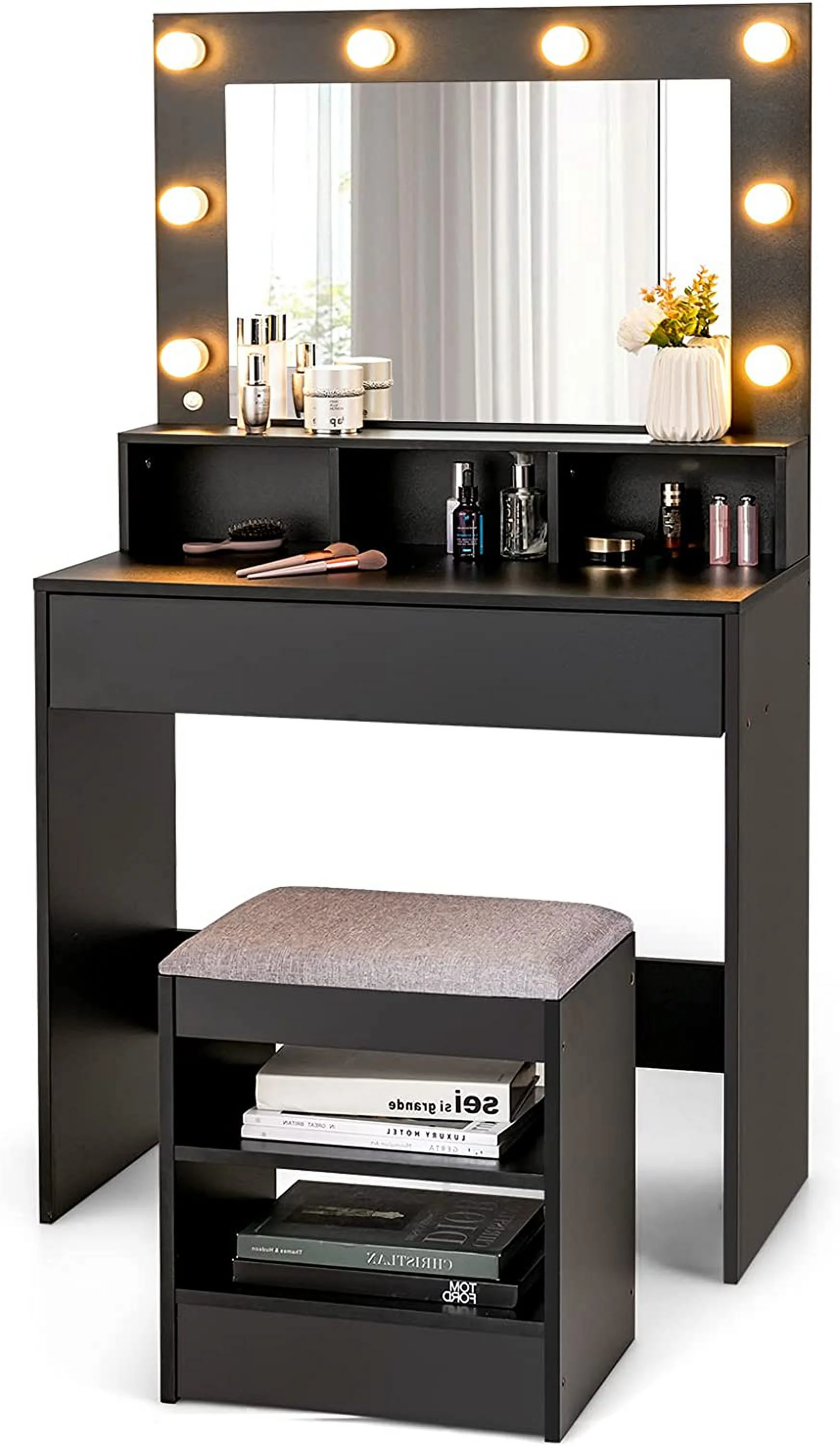Vanity Table Set with Lighted Mirror, 8 Bulbs, Large Drawer, Tabletop Storage Shelf, Modern Bedroom Vanity Desk Makeup Dressing Table with Cushioned Stool for Girls Women, Black