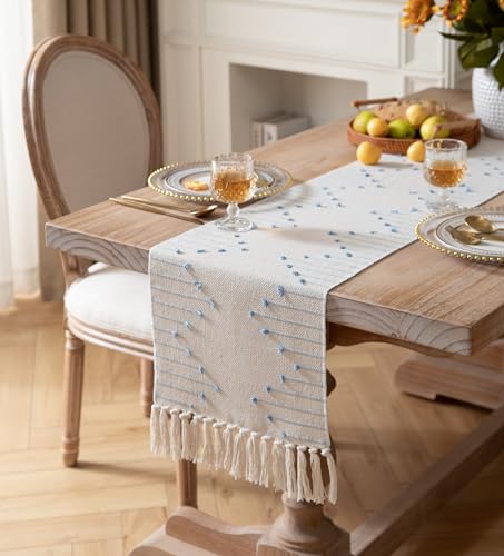 Christmas Table Runner 13 x 90 Inch Long Natural Cotton Woven Runner with Tassels for Home Dining Christmas Decorations, for Modern Farmhouse Holiday Boho Table Runner, Red and Beige