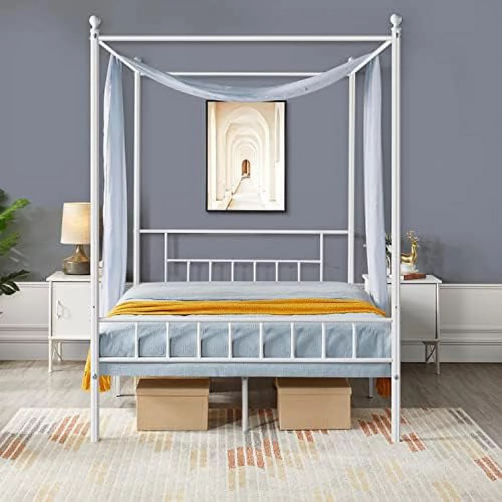 Metal Canopy Platform Bed Frame Four-Poster Canopied Bed Mattress Foundation With Headboard And Footboard Sturdy Slatted Structure No Box Spring Needed Easy Assembly Full White