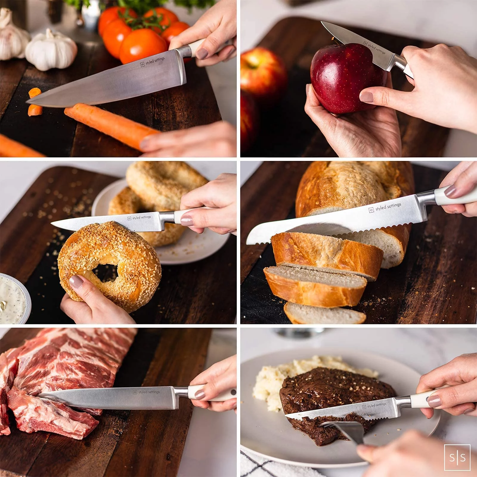 Styled Settings White Stainless Steel Knife Set with Walnut Block with Sharpener