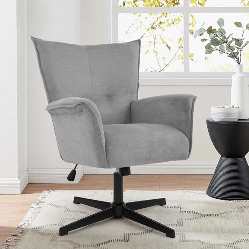 DAGONHIL Home Office Desk Chair No Wheels Armchair Linen Fabric Swivel Chair High-Back Wide Seat Upholstered Accent Chair with Metal Legs Computer Chair, Beige