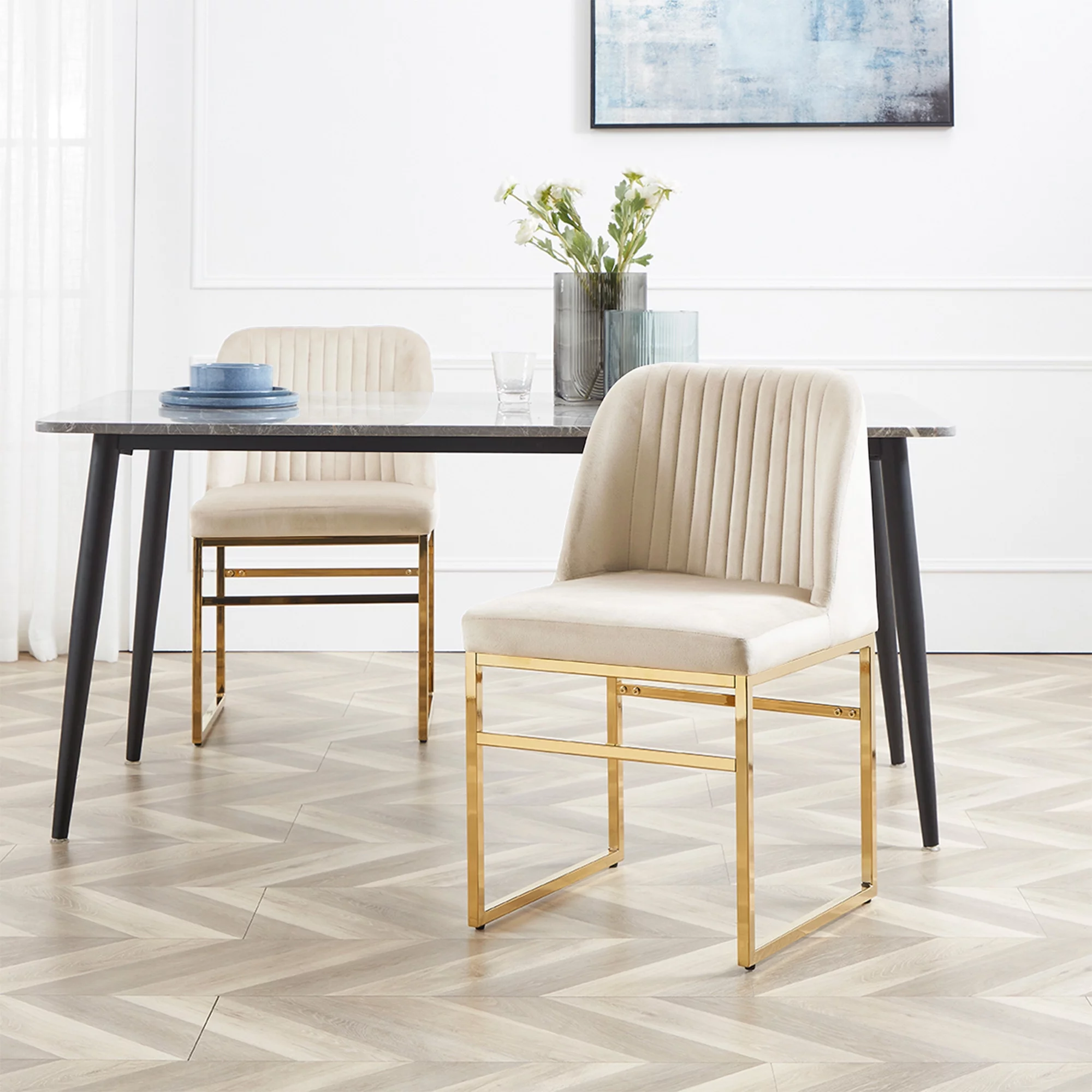 Cozy Castle Modern Dining Chair Set of 2, Upholstered Dining Room Chairs with Gold Metal Base, Classic Velvet Fabric Kitchen Chairs, Ivory Beige