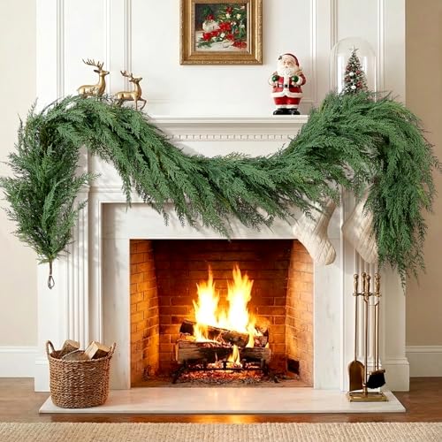 Christmas Cedar Garland Realistic with Lights - Cypress Decorations 9ft for Mantle Lighted Faux Pine Garlands for Xmas Home Decoration Indoor Stairs Railing Fireplace 9 Ft Outdoor Prelit Door Decor