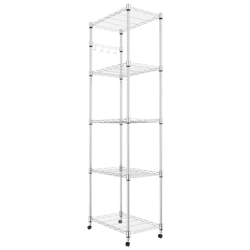 Homdox 5 Tier Wire Shelving Unit on Wheels, Adjustable Storage Racks and Shelving, Heavy Duty Rolling Metal Shelves with Side Hooks for Laundry Bathroom Kitchen Garage Pantry Organization, Black