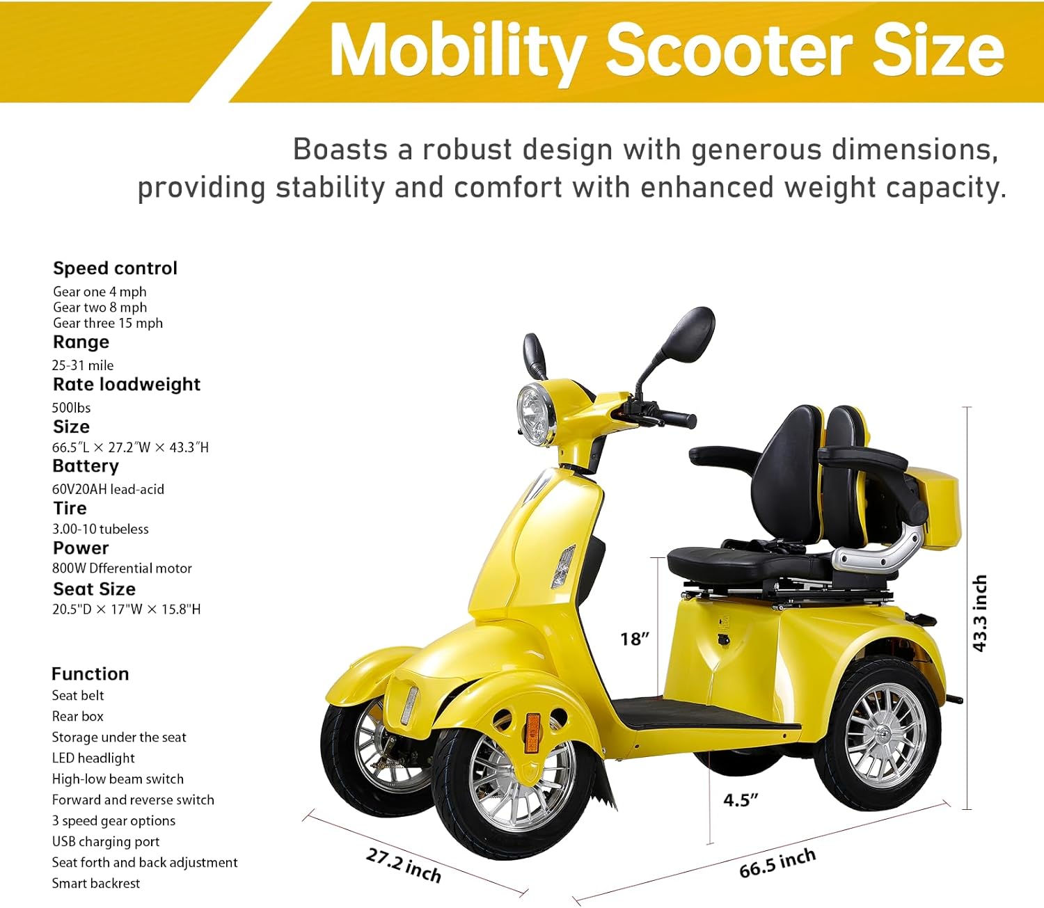 800W Heavy Duty 4 Wheel Mobility Scooters for Seniors & Adults 500lbs Capacity, Powered Mobility Scooters with 3-Speed Control & USB Charger Port, Under Seat Storage, Yellow