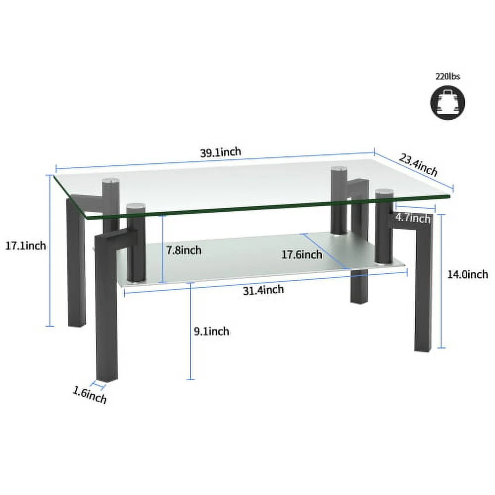 Adrinfly Rectangle Black Glass Coffee Table, Clear Coffee Table，Modern Side Center Tables for Living Room， Living Room Furniture
